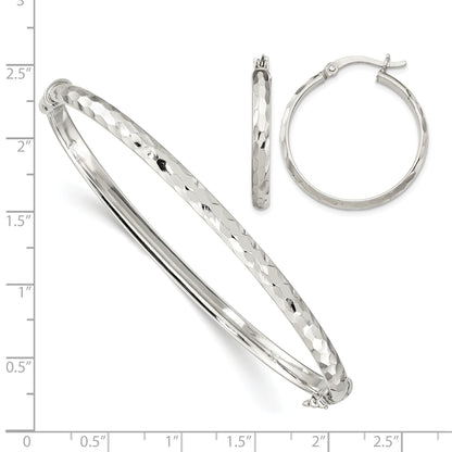 Sterling Silver D/C 4mm Bangle and 3mm Hoop Earring Set