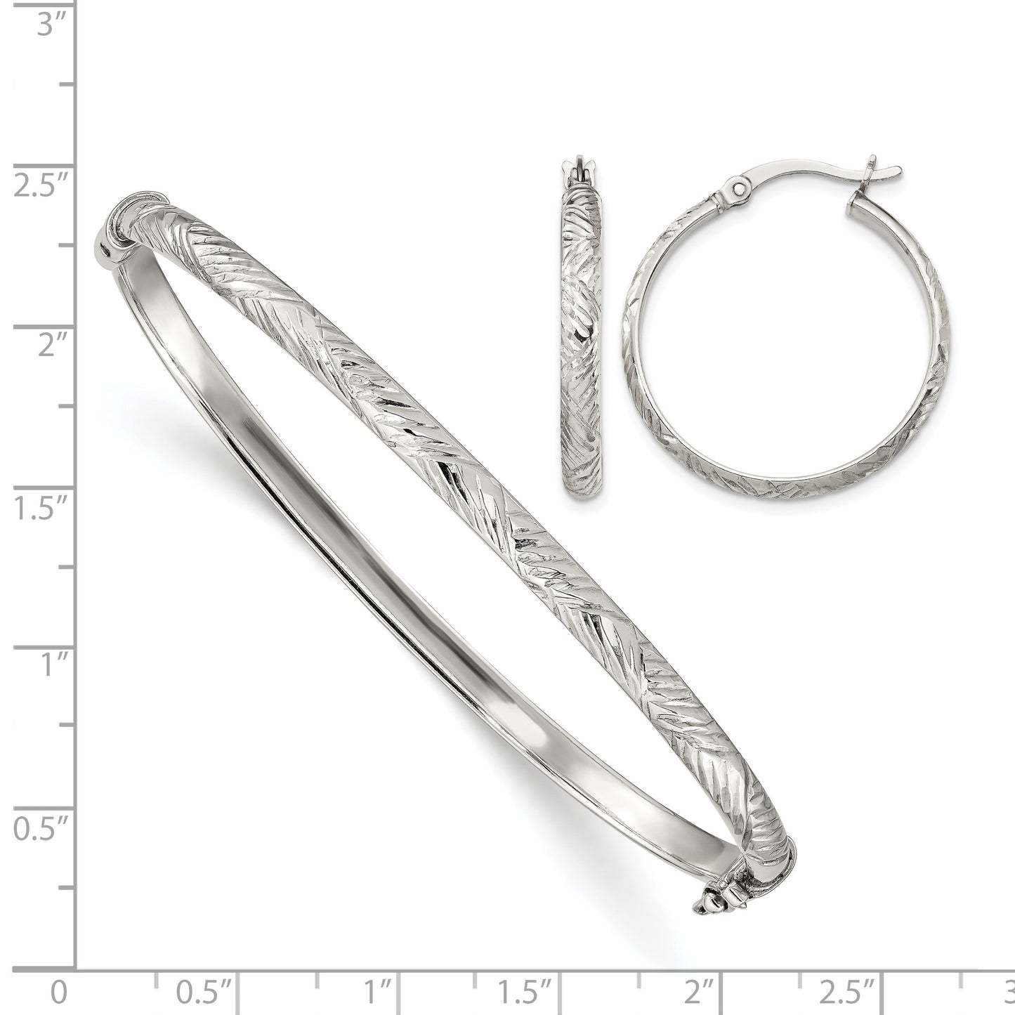 Sterling Silver D/C 4mm Bangle and 3mm Hoop Earring Set