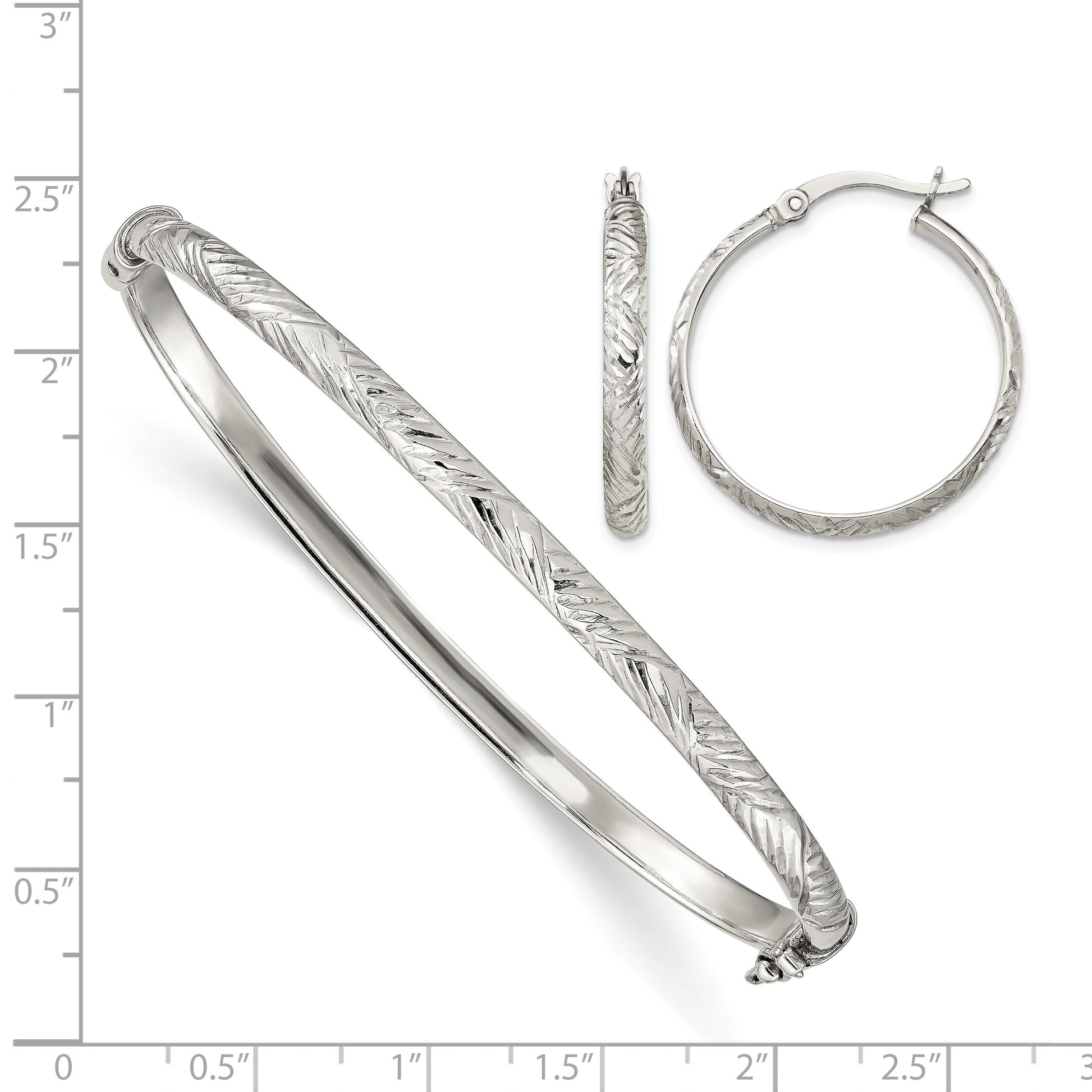 Sterling Silver D/C 4mm Bangle and 3mm Hoop Earring Set