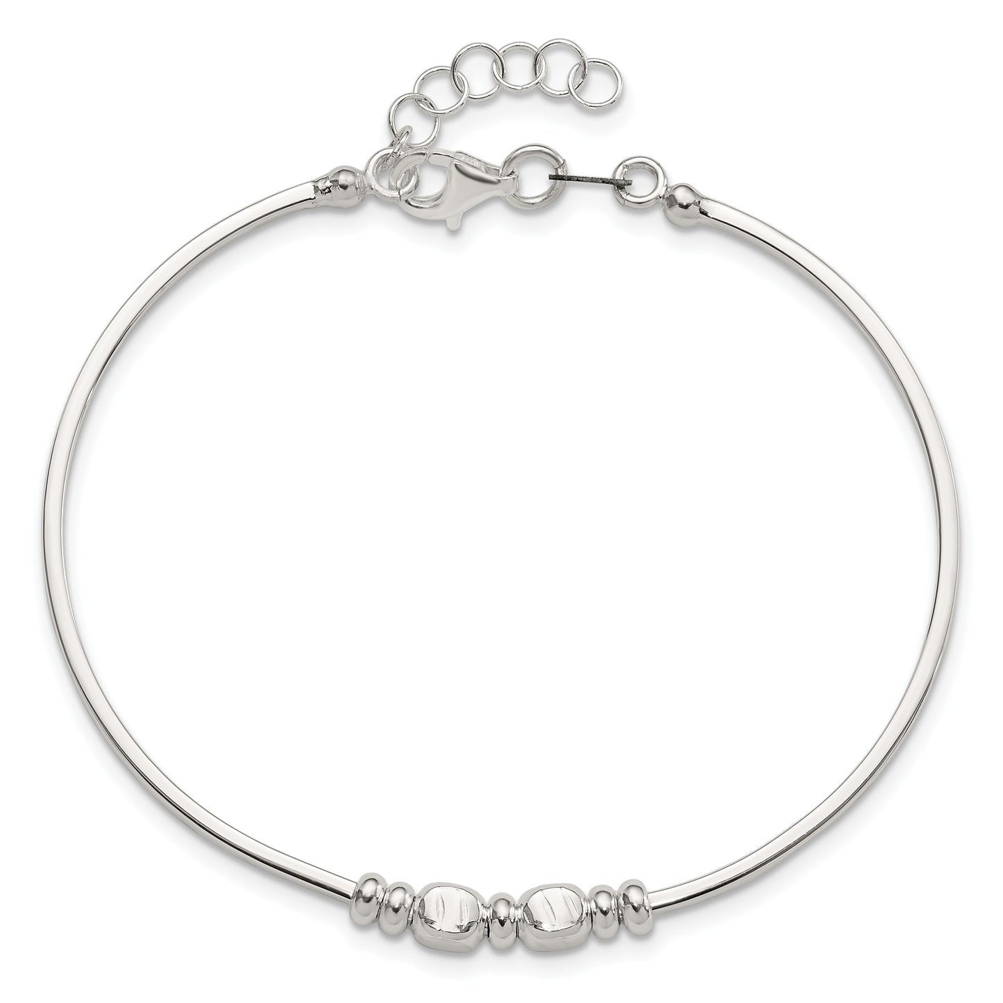 Sterling Silver Rhod-plated Polished Beads w/.75 in ext Bangle Bracelet