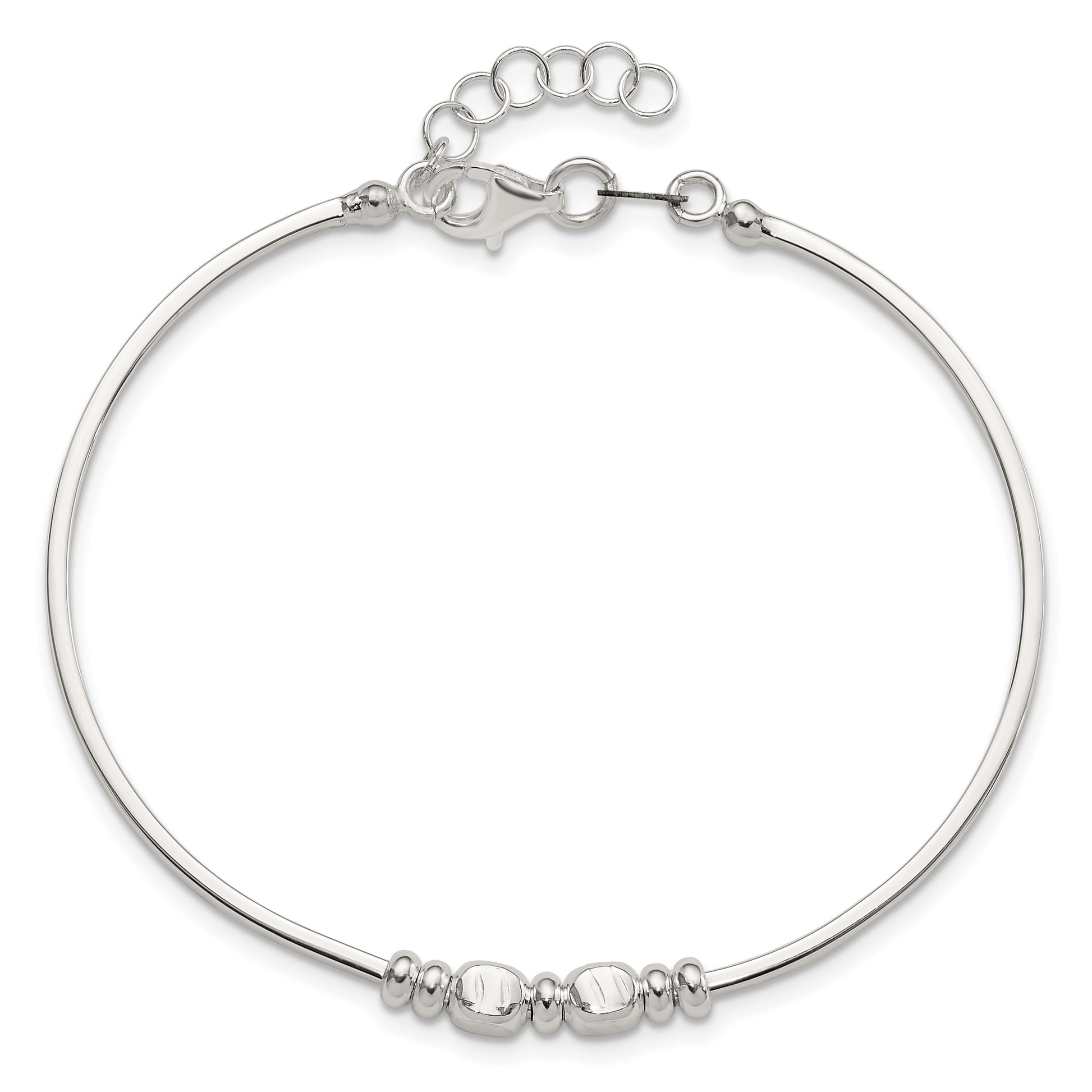Sterling Silver Rhod-plated Polished Beads w/.75 in ext Bangle Bracelet