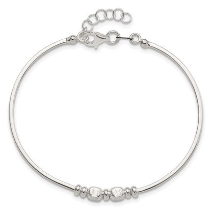Sterling Silver Rhod-plated Polished Beads w/.75 in ext Bangle Bracelet