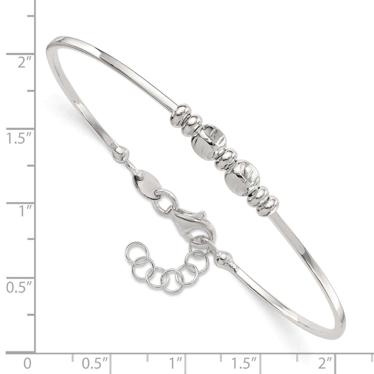 Sterling Silver Rhod-plated Polished Beads w/.75 in ext Bangle Bracelet