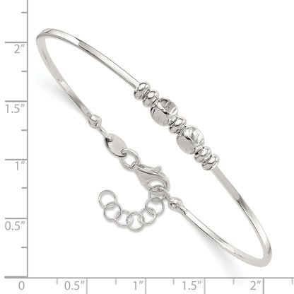 Sterling Silver Rhod-plated Polished Beads w/.75 in ext Bangle Bracelet
