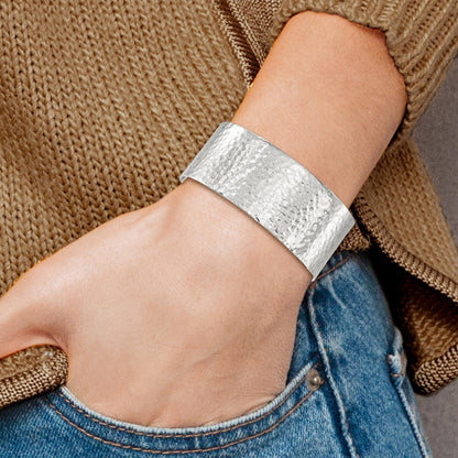 Sterling Silver Polished 25mm Flat Hammered Cuff Bangle