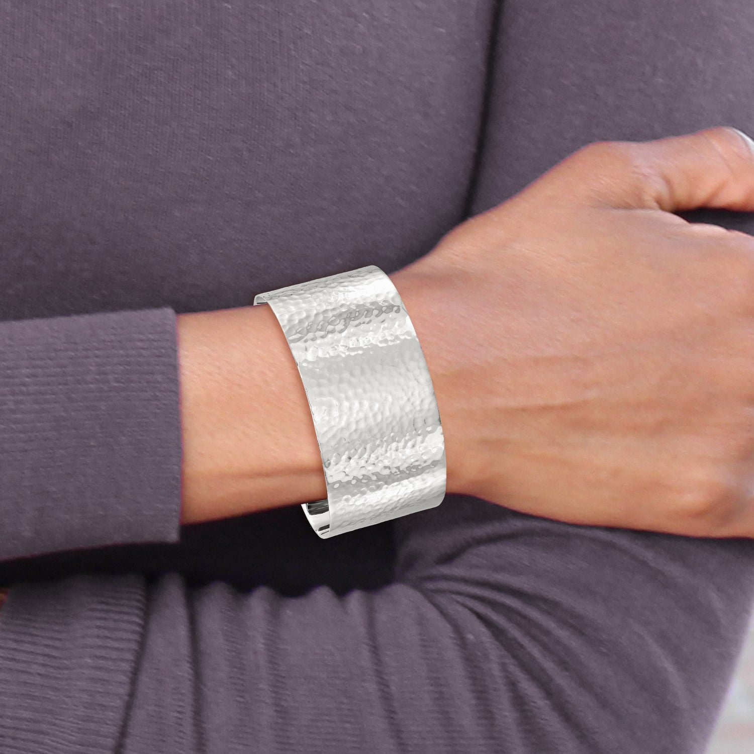 Sterling Silver Polished 30mm Flat Hammered Cuff Bangle