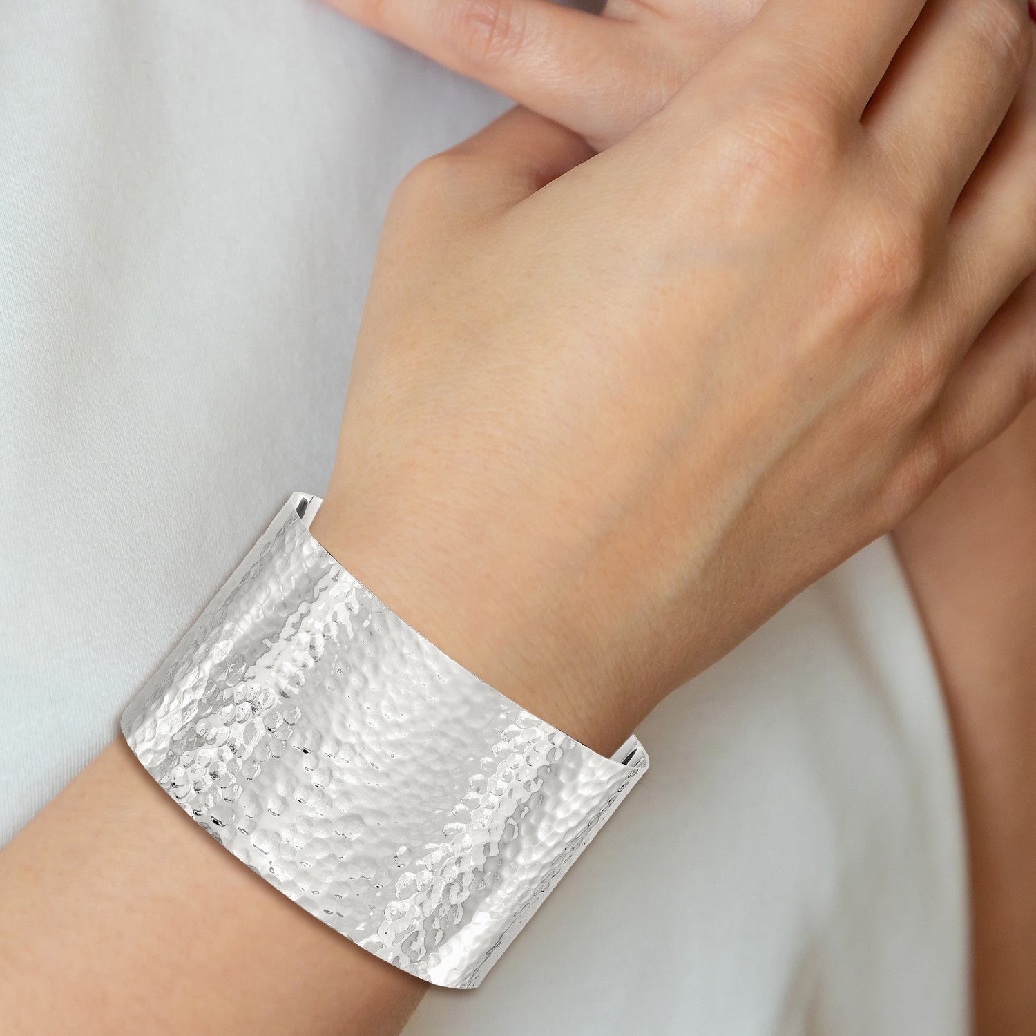 Sterling Silver Polished 40mm Flat Hammered Cuff Bangle