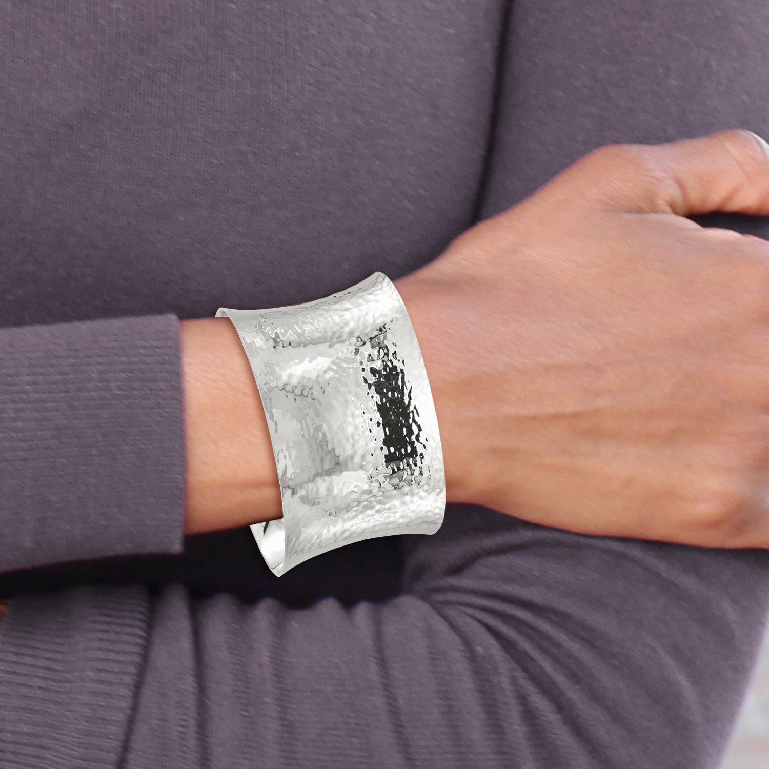 Sterling Silver Polished 40mm Concave Hammered Cuff Bangle