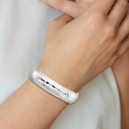 Sterling Silver Polished 15mm Domed Hammered Cuff Bangle