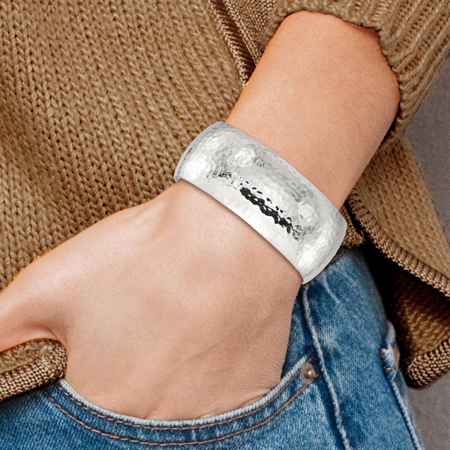 Sterling Silver Polished 25mm Domed Hammered Cuff Bangle