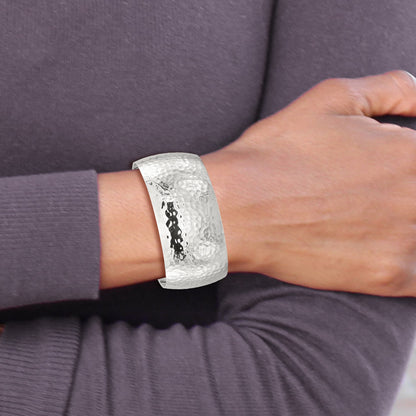 Sterling Silver Polished 30mm Domed Hammered Cuff Bangle