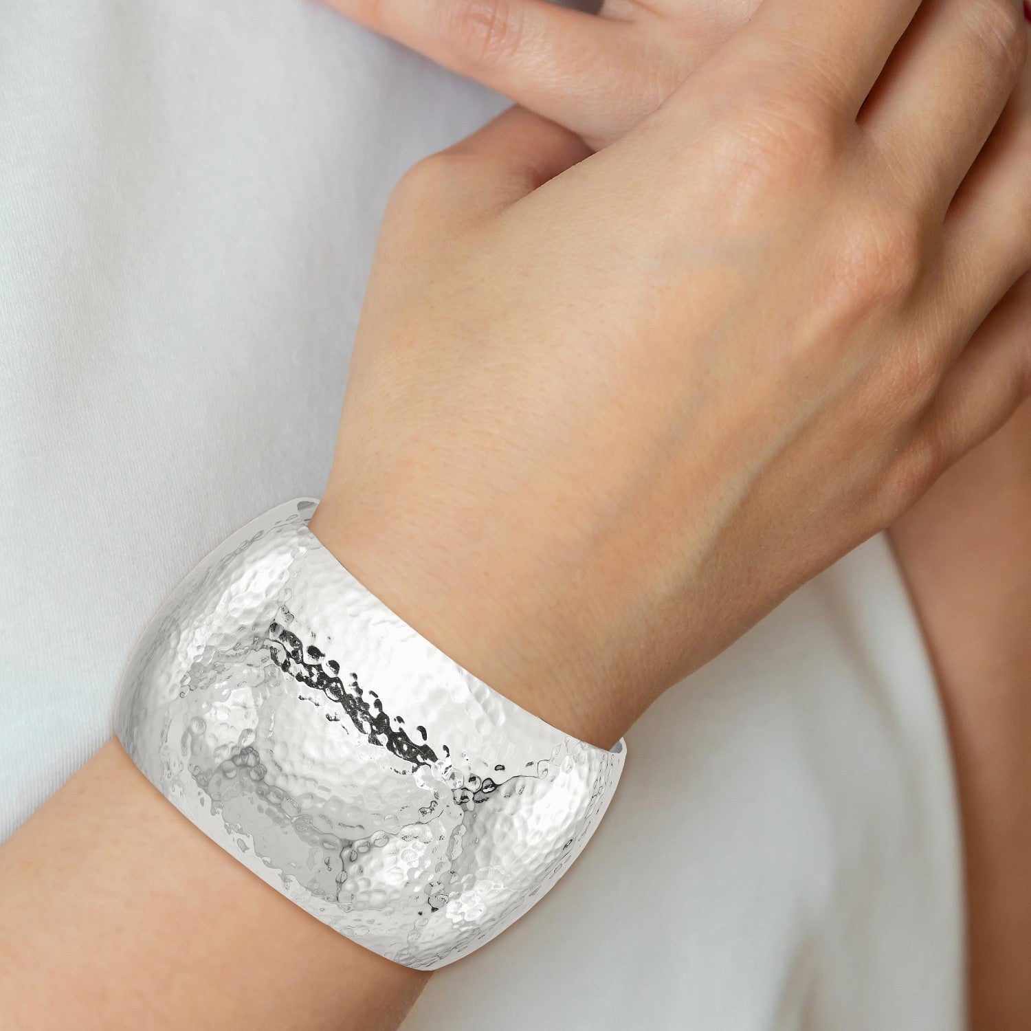Sterling Silver Polished 40mm Domed Hammered Cuff Bangle