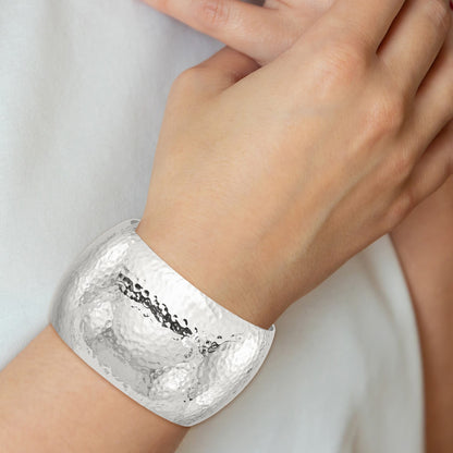 Sterling Silver Polished 40mm Domed Hammered Cuff Bangle