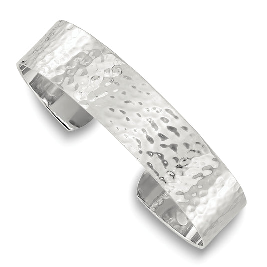 Sterling Silver Polished 15mm Flat Hammered Cuff Bangle