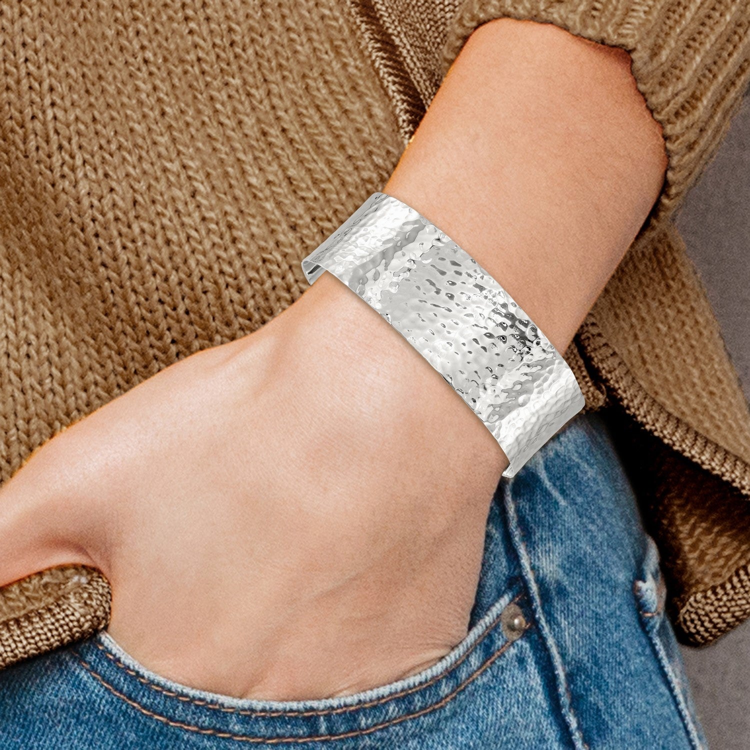 Sterling Silver Polished 20mm Flat Hammered Cuff Bangle