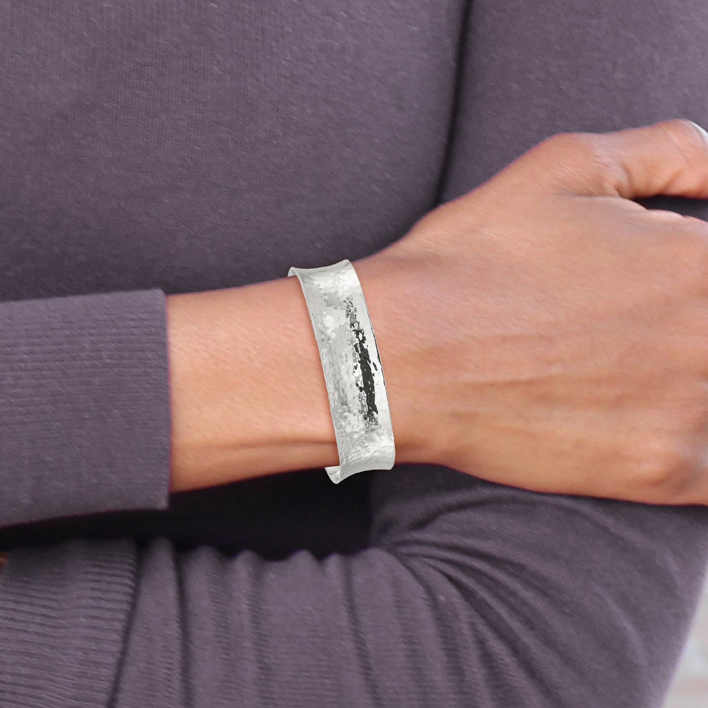 Sterling Silver Polished 15mm Concave Hammered Cuff Bangle
