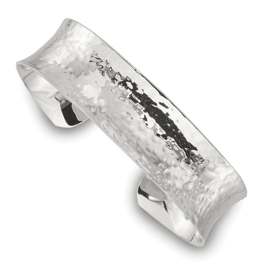 Sterling Silver Polished 15mm Concave Hammered Cuff Bangle