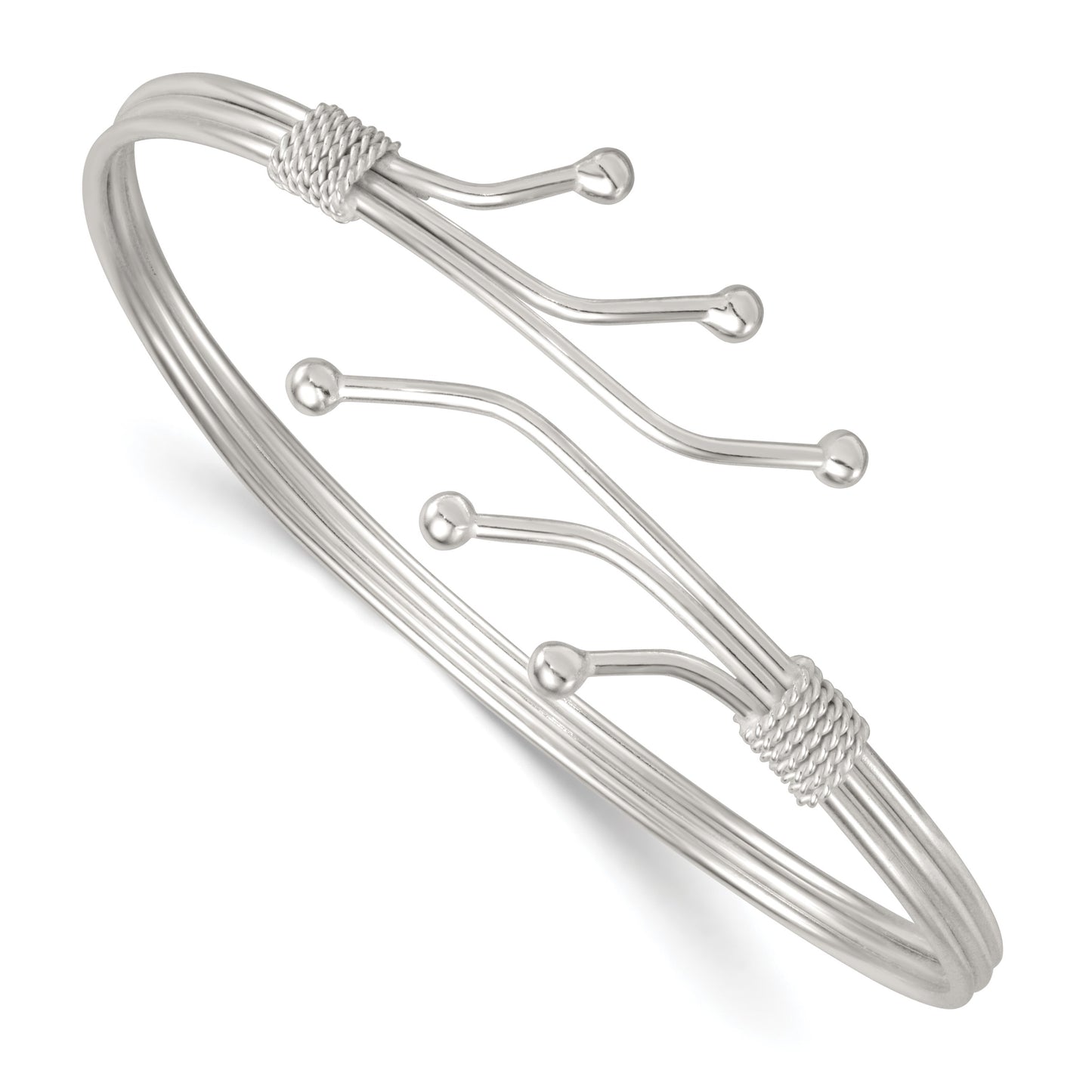 Sterling Silver Polished Twisted and Beaded Fancy Triple Band Cuff Bangle Bracelet