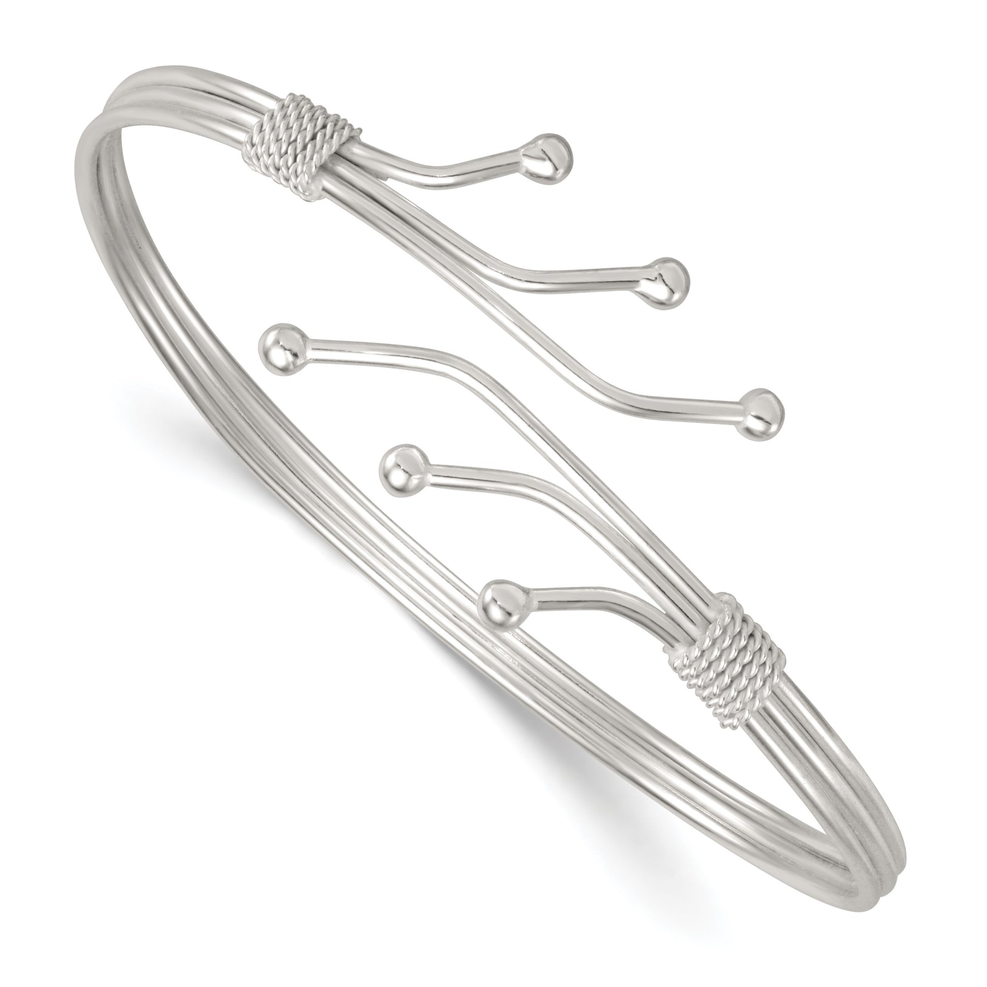 Sterling Silver Polished Twisted and Beaded Fancy Triple Band Cuff Bangle Bracelet