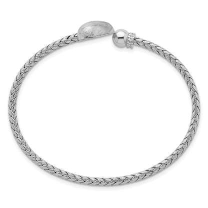Sterling Silver Rhodium-plated Brushed Heart and CZ Flexible Cuff Bangle
