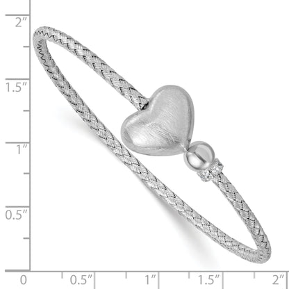 Sterling Silver Rhodium-plated Brushed Heart and CZ Flexible Cuff Bangle