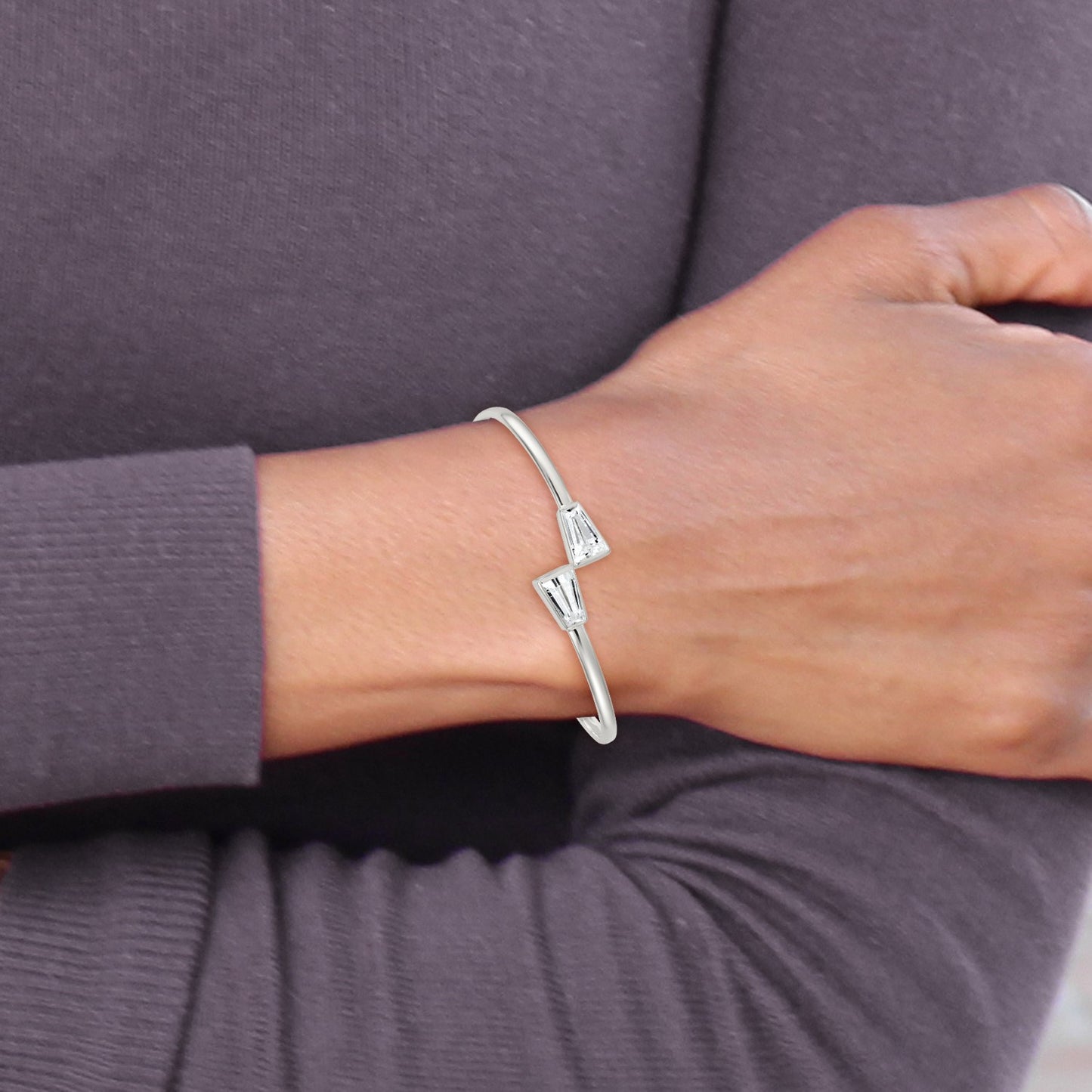 Sterling Silver Polished Tapered Baguette CZ Cuff Bangle