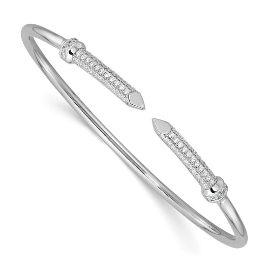 Sterling Silver Rhodium-plated Polished CZ Pointed Ends Flexible Cuff Bangle