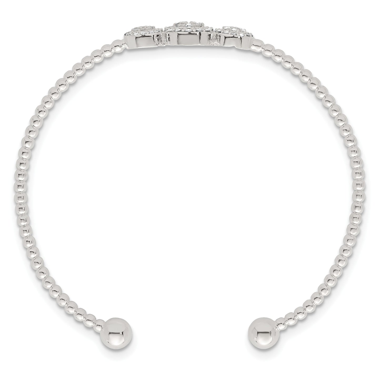 Sterling Silver Polished and Beaded Pave CZ Triple Circle Cuff Bangle