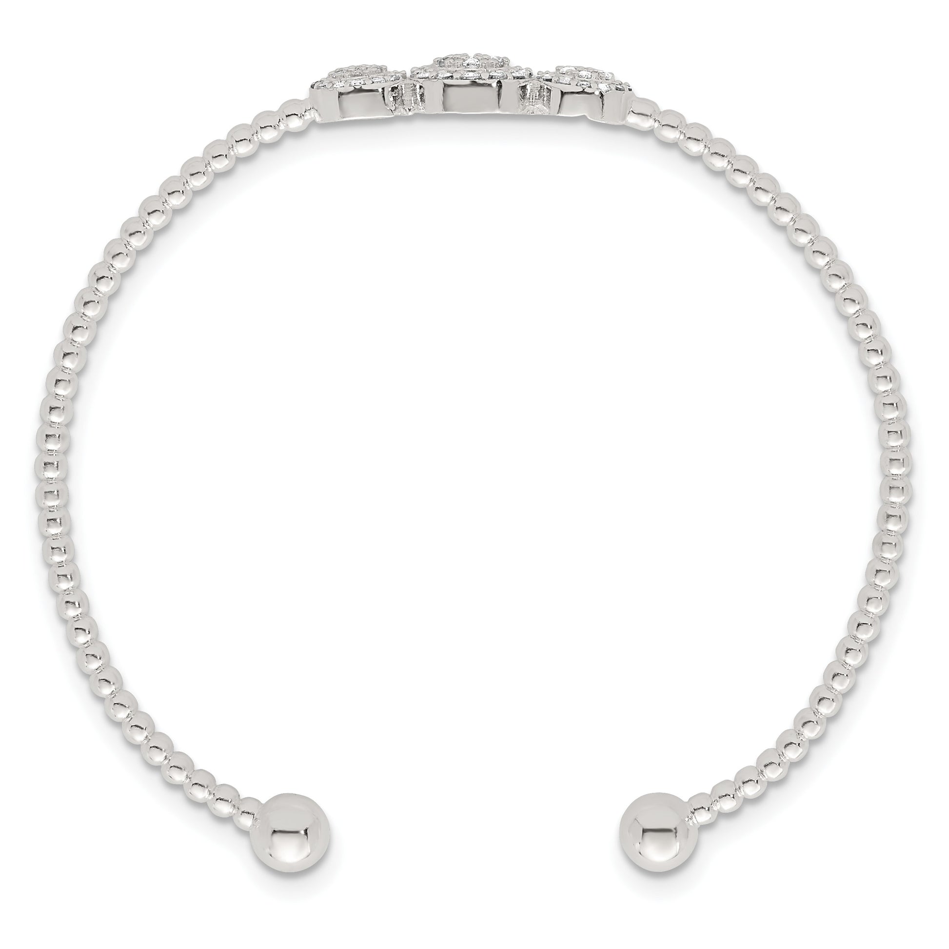 Sterling Silver Polished and Beaded Pave CZ Triple Circle Cuff Bangle