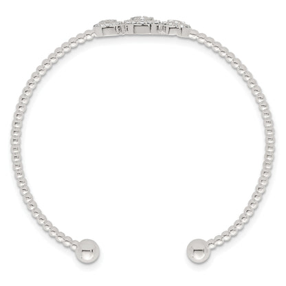 Sterling Silver Polished and Beaded Pave CZ Triple Circle Cuff Bangle