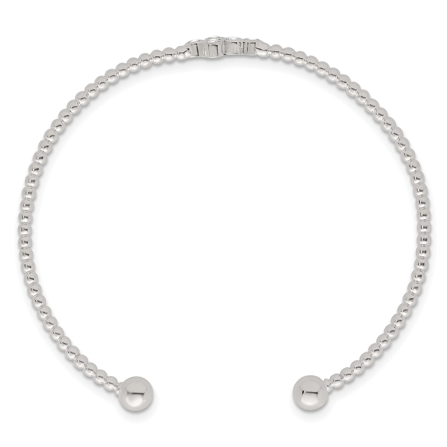 Sterling Silver Polished and Beaded CZ Cross Cuff Bangle