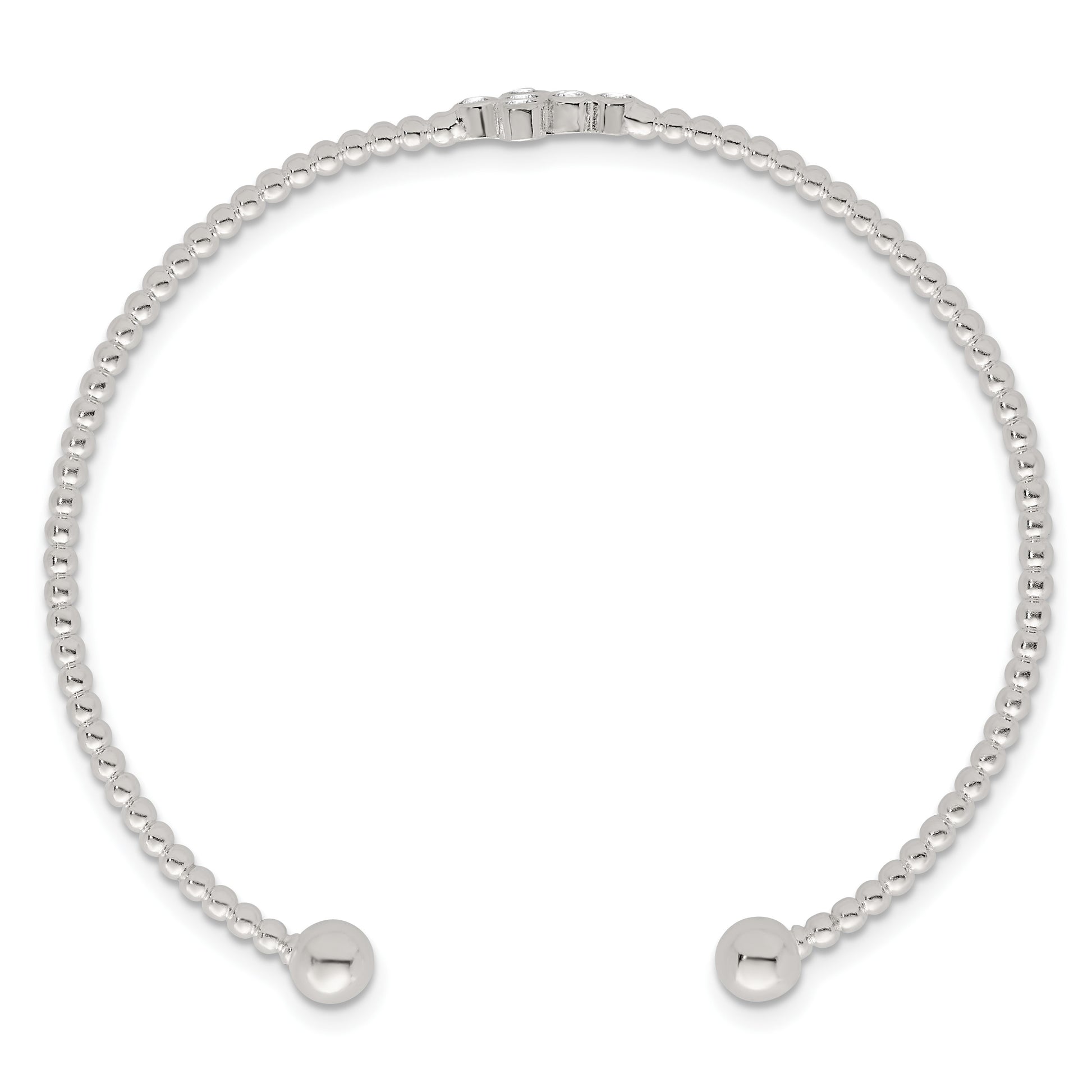 Sterling Silver Polished and Beaded CZ Cross Cuff Bangle