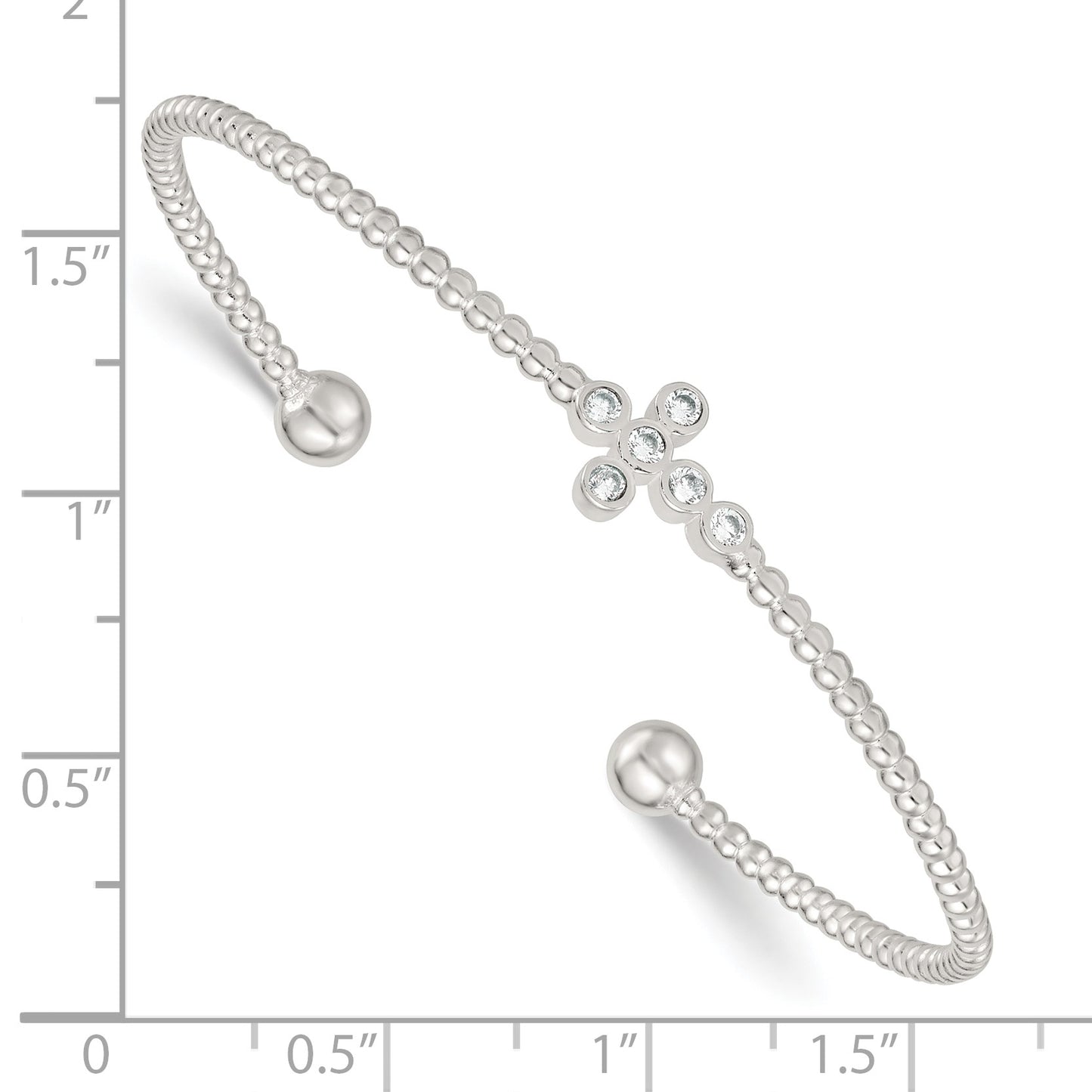 Sterling Silver Polished and Beaded CZ Cross Cuff Bangle