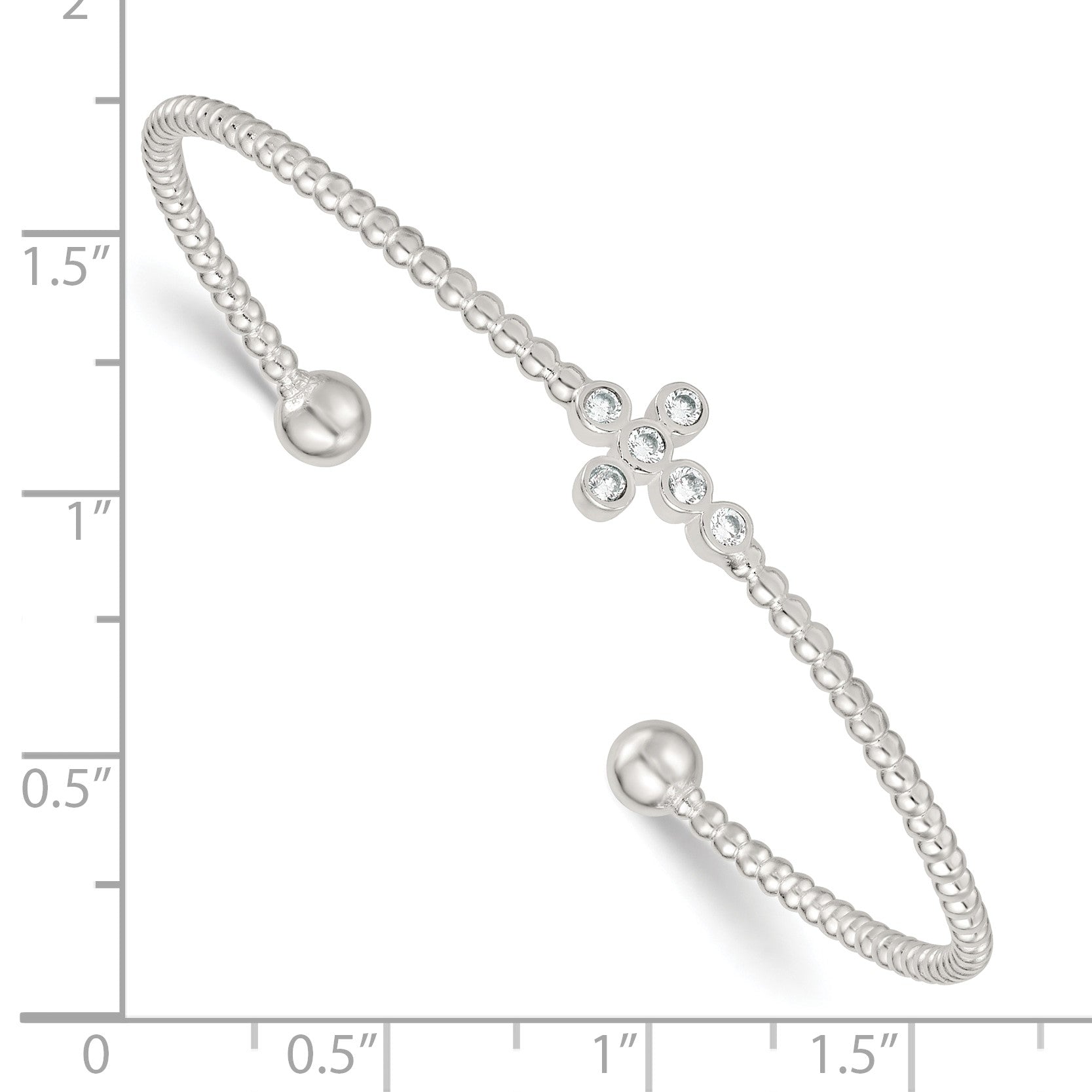 Sterling Silver Polished and Beaded CZ Cross Cuff Bangle
