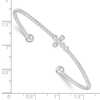 Sterling Silver Polished and Beaded CZ Cross Cuff Bangle