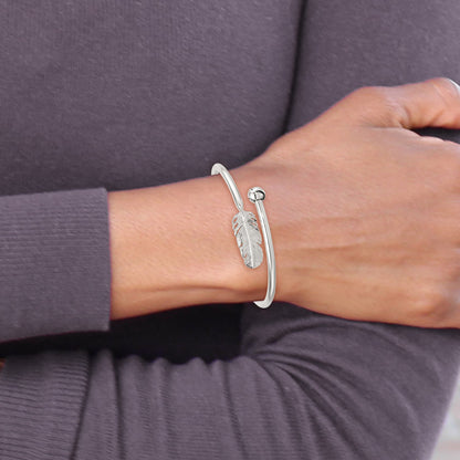 Sterling Silver Polished and Grooved Feather Bypass Cuff Bangle