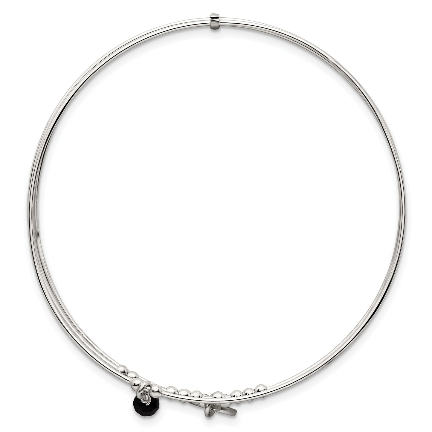 Sterling Silver Polished Beaded Miraculous Medal and Black Glass Bead Triple Band Slip-on Bangle Bracelet