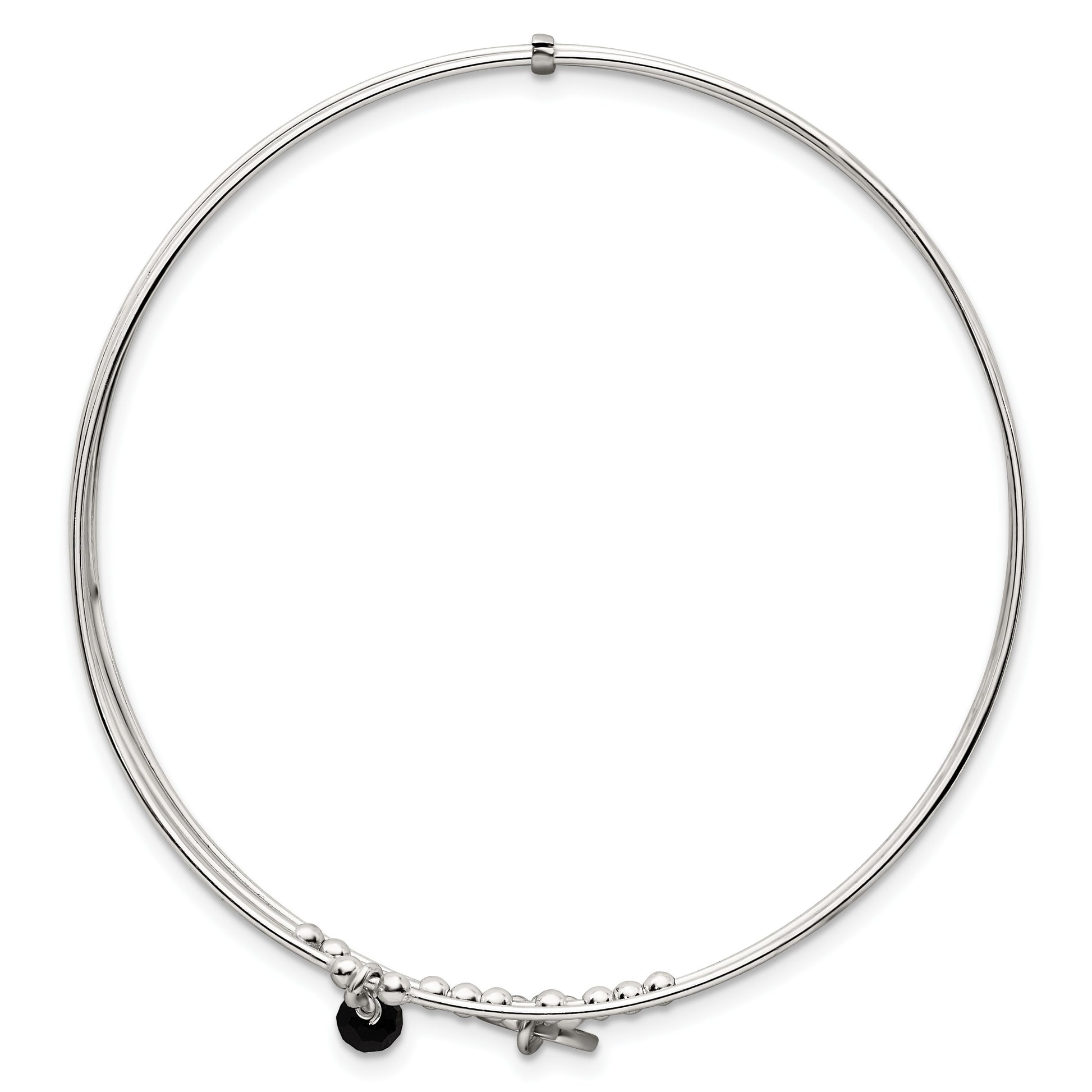 Sterling Silver Polished Beaded Miraculous Medal and Black Glass Bead Triple Band Slip-on Bangle Bracelet