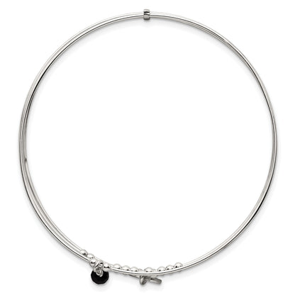 Sterling Silver Polished Beaded Miraculous Medal and Black Glass Bead Triple Band Slip-on Bangle Bracelet