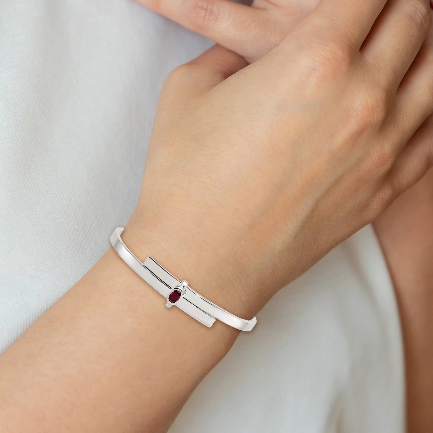 Sterling Silver Polished Oval Red CZ Slip On Expandable Bangle