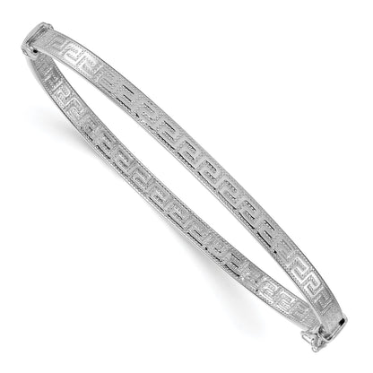 Sterling Silver Rhodium-plated Polished Textured Greek Key 4.00mm Hinged Bangle