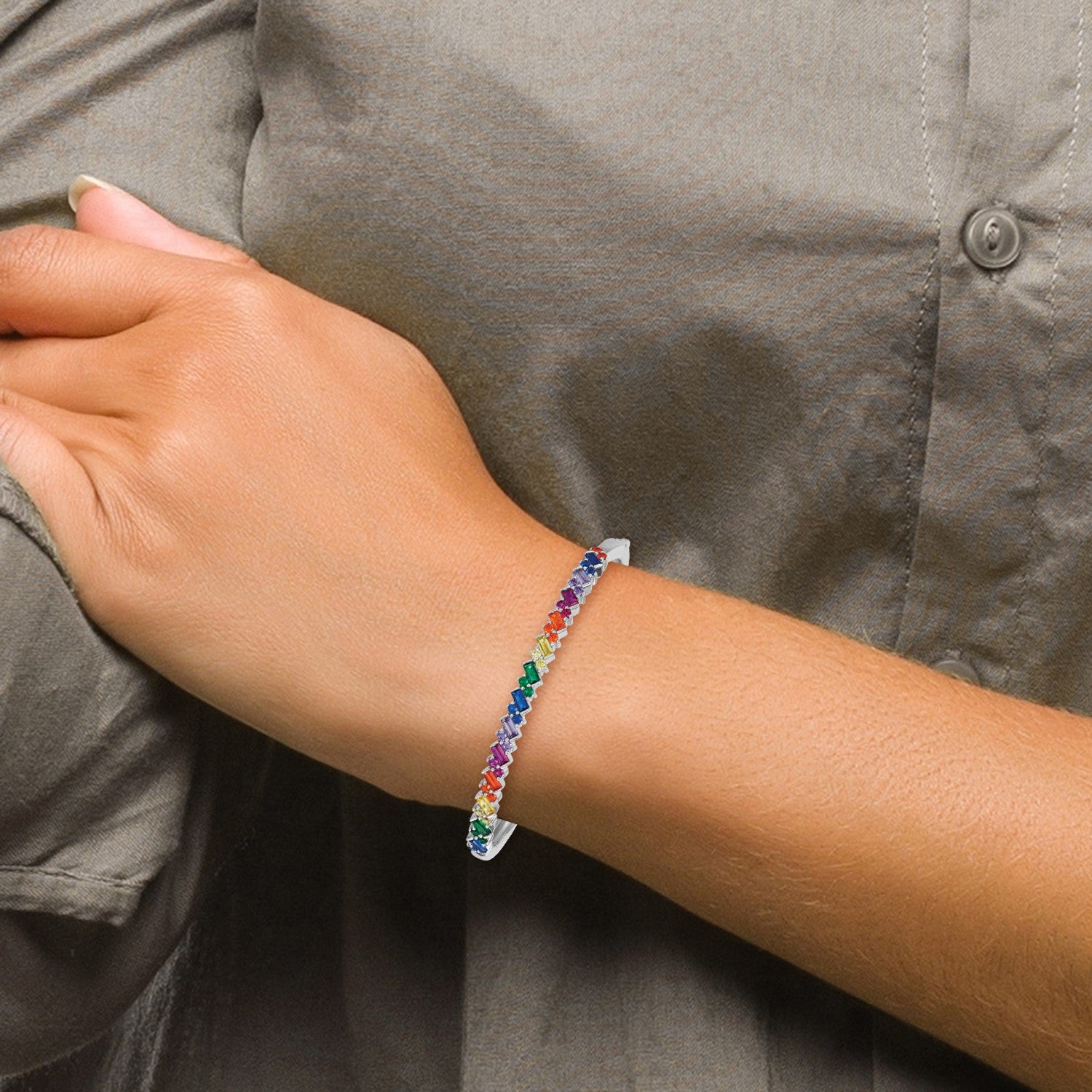 Sterling Silver Rhodium-plated Polished Multi-color Rainbow Round and Emerald-shape Nano Crystal Hinged Bangle