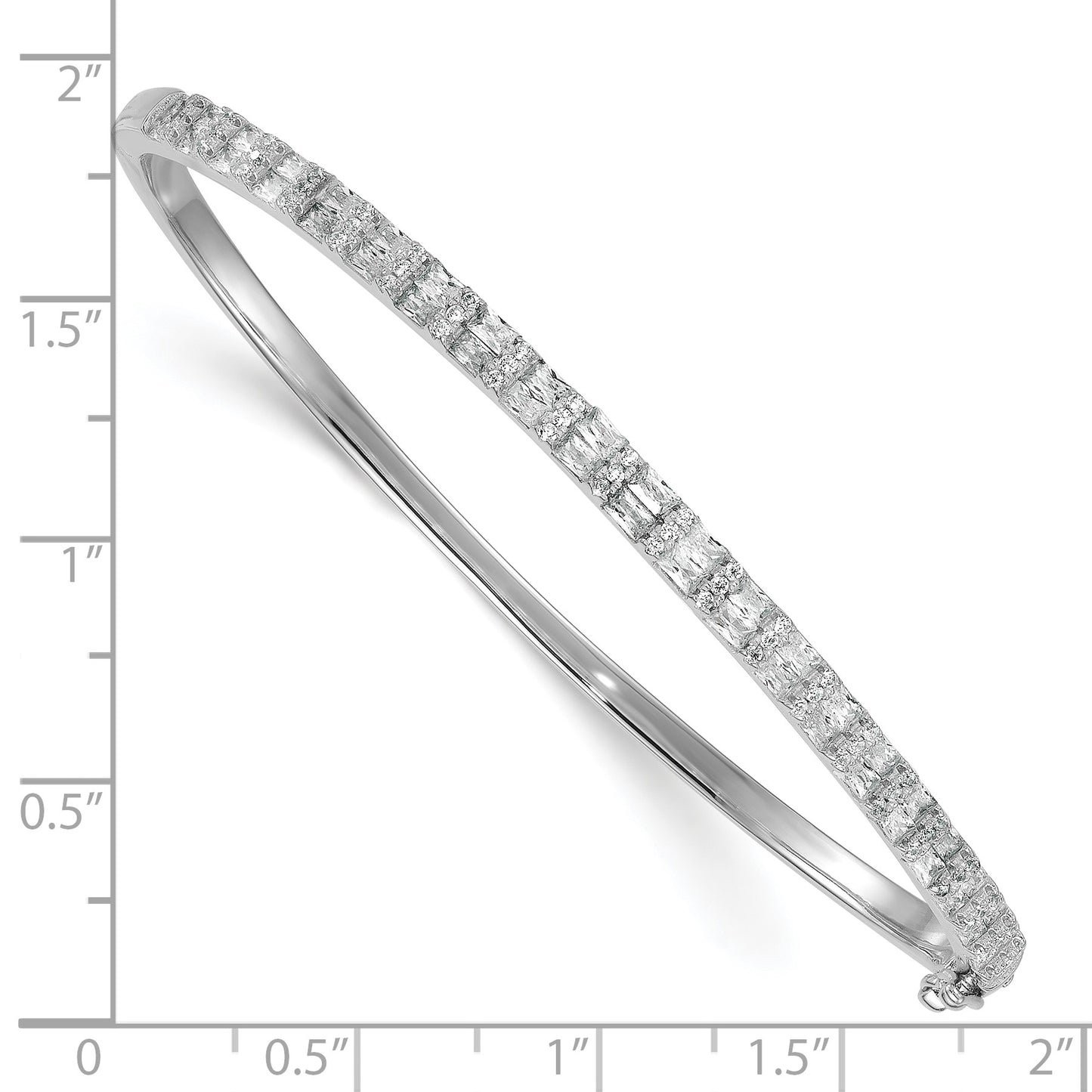 Sterling Silver Rhodium-plated Polished Round and Emerald-shape CZ Fancy Hinged Bangle