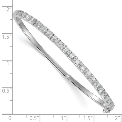 Sterling Silver Rhodium-plated Polished Round and Emerald-shape CZ Fancy Hinged Bangle