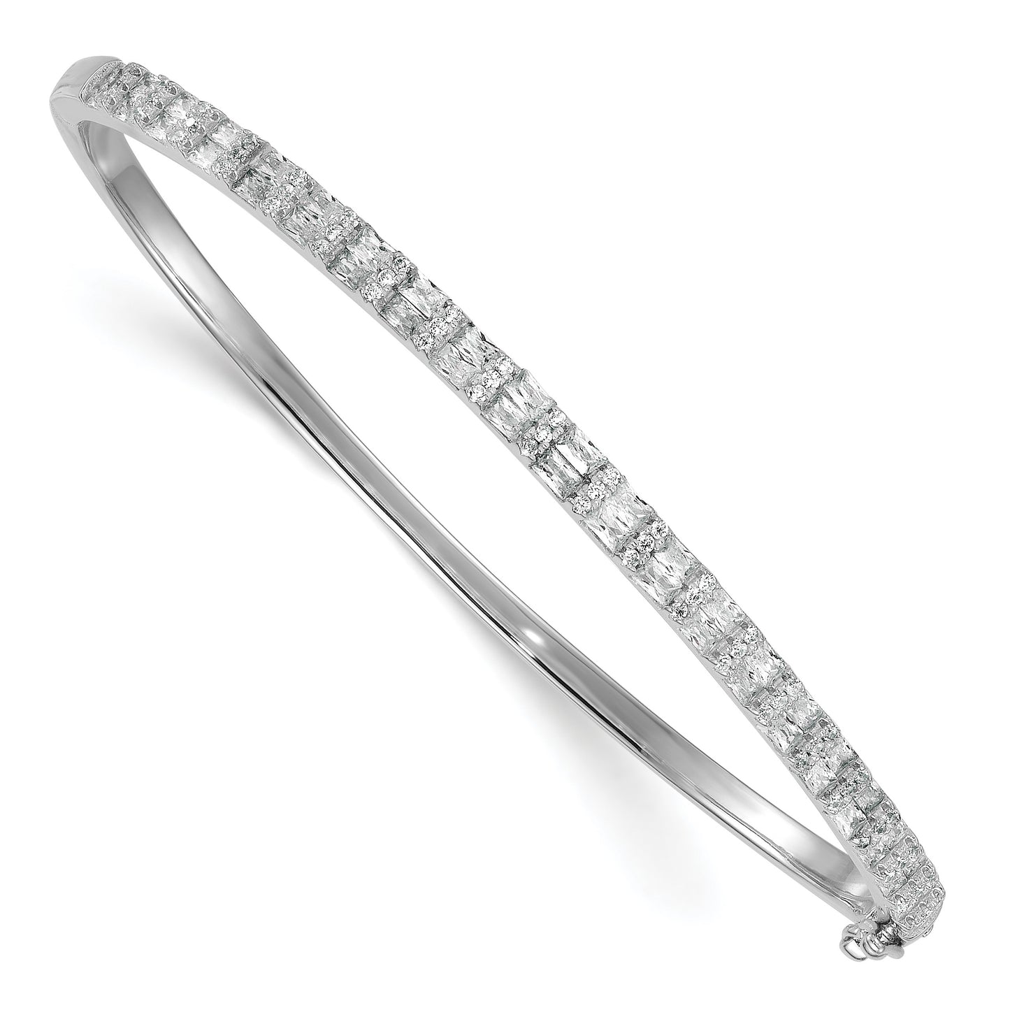 Sterling Silver Rhodium-plated Polished Round and Emerald-shape CZ Fancy Hinged Bangle
