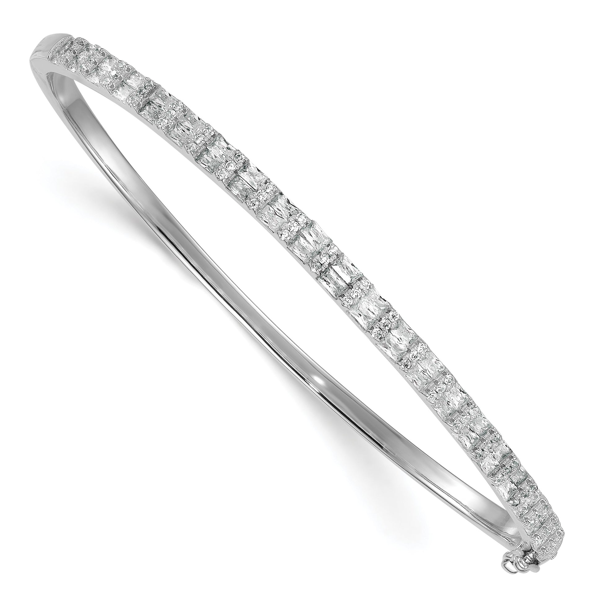 Sterling Silver Rhodium-plated Polished Round and Emerald-shape CZ Fancy Hinged Bangle