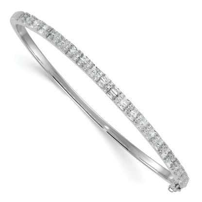 Sterling Silver Rhodium-plated Polished Round and Emerald-shape CZ Fancy Hinged Bangle