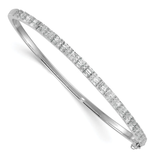 Sterling Silver Rhodium-plated Polished Round and Emerald-shape CZ Fancy Hinged Bangle