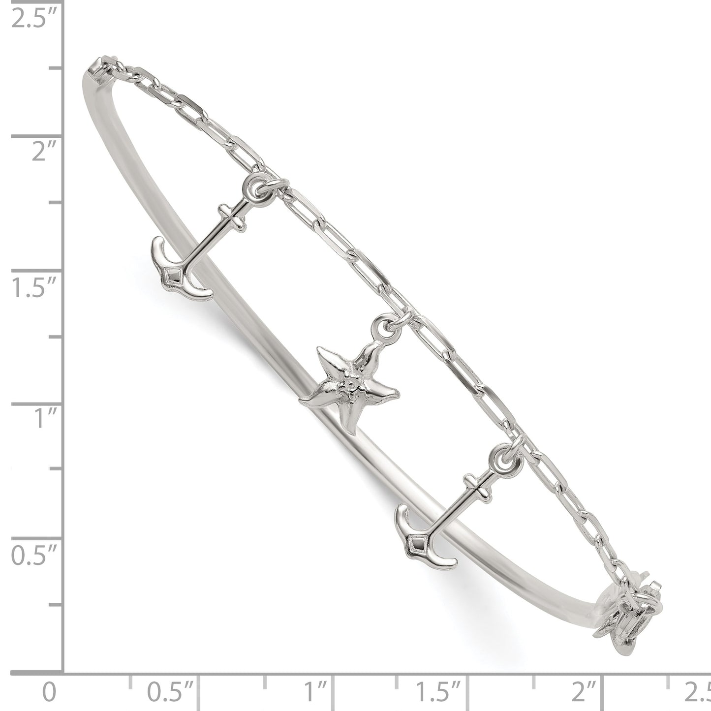Sterling Silver Polished Anchor and Starfish Charms Half Bangle Bracelet