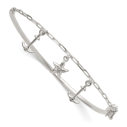 Sterling Silver Polished Anchor and Starfish Charms Half Bangle Bracelet